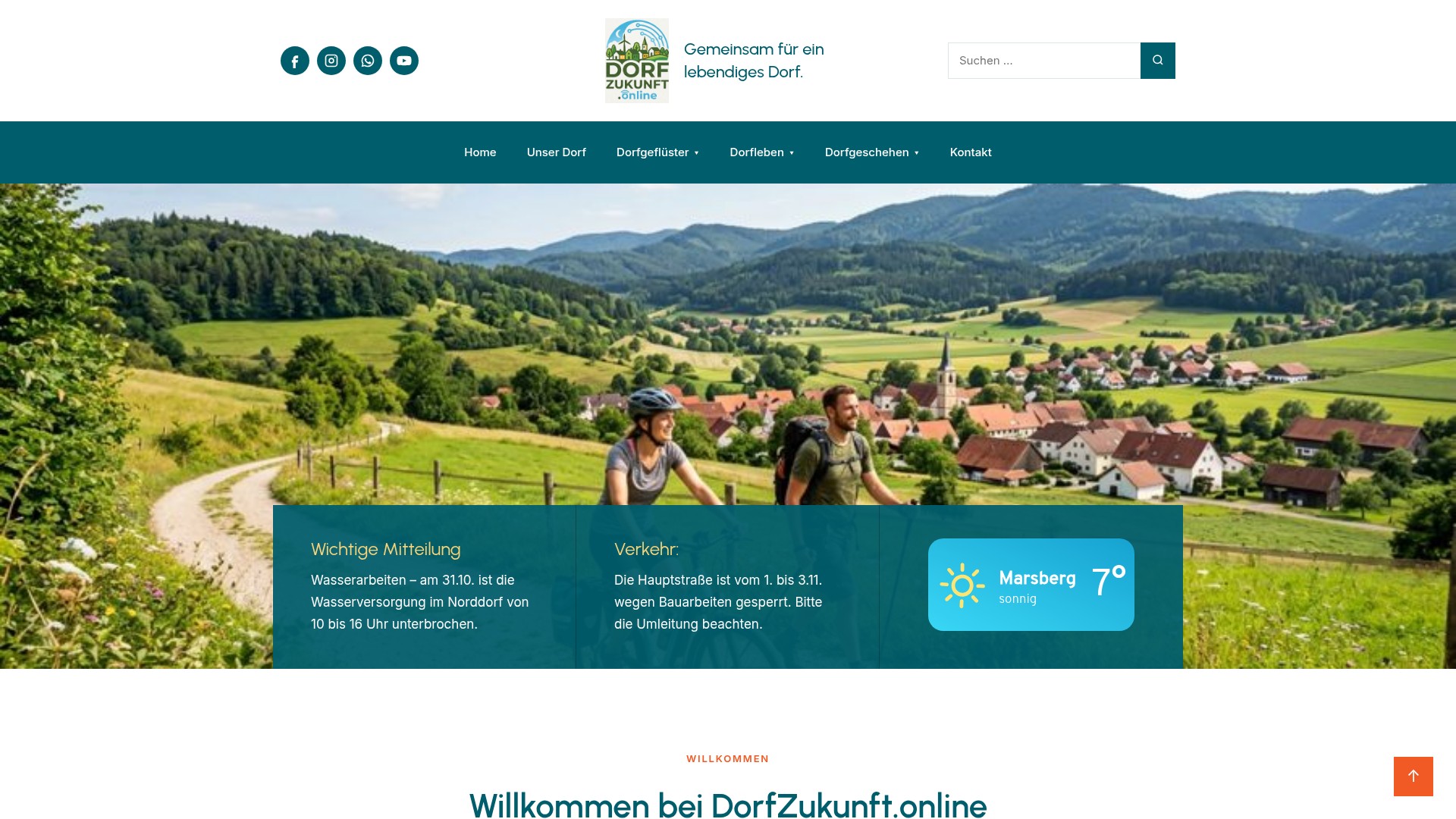 Startseite der Dorfplattform mit Navigation, Dorfbild und Hinweis-Kästen